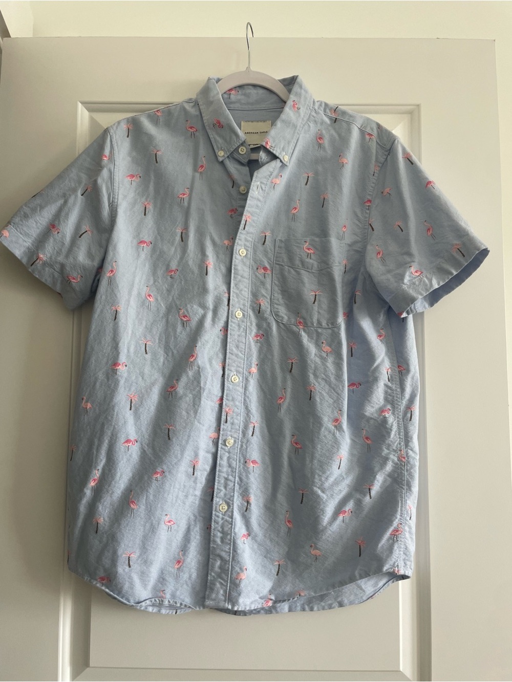 American Eagle Light Blue Flamingo Print Short-Sleeve Shirt